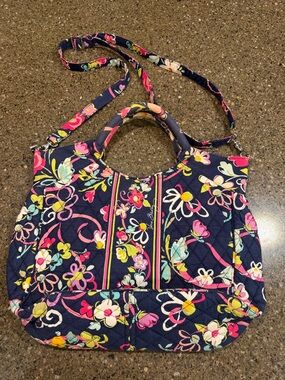 Vera Bradley Navy Quilted Tote with Pink, Yellow & Mint Floral Print